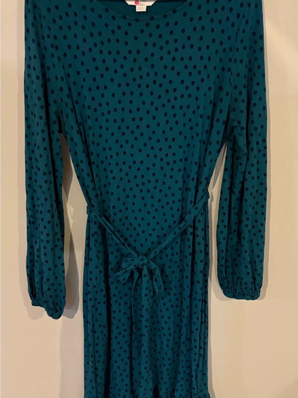 Boden Teal Polka Dot Long-Sleeve Tie-Waist Dress
